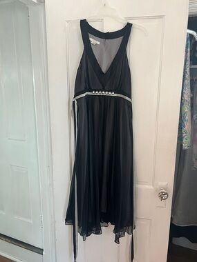 Ice Black Sheer High-Low Evening Dress with Rhinestone Waist